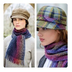 Plaid and Tweed Women's Multicolored Cap with Matching Scarf